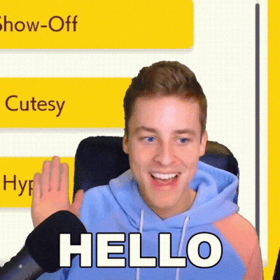 A Man In A Blue Hoodie Says Hello In Front Of A Yellow Background GIF