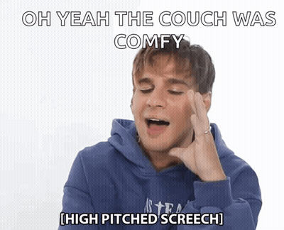 A Man In A Blue Hoodie Says " Oh Yeah The Couch Was Comfy High Pitched Screech " GIF