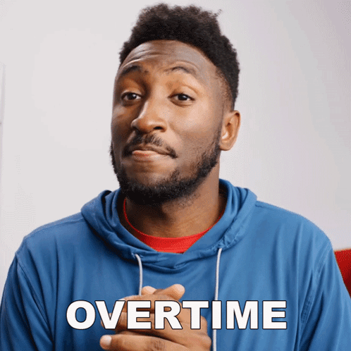 A Man In A Blue Hoodie With The Word Overtime Written On It GIF