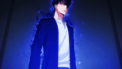 A Man In A Blue Jacket And White Shirt Is Standing In Front Of A Blue Background GIF