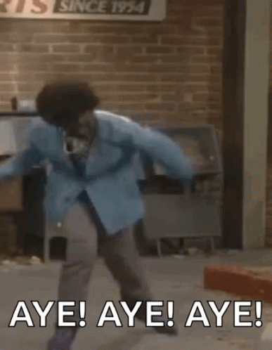 A Man In A Blue Jacket Is Dancing In A Room With The Words `` Aye ! Aye ! Aye ! '' GIF