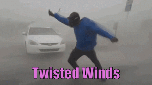 A Man In A Blue Jacket Is Dancing In Front Of A White Car With The Words Twisted Winds Below Him . GIF