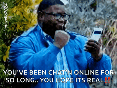A Man In A Blue Jacket Is Holding A Cell Phone And Saying You 'Ve Been Chat 'N Online For So Long . GIF