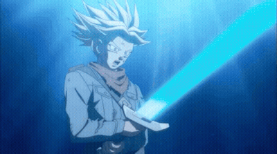 A Man In A Blue Jacket Is Holding A Sword In His Hand . GIF