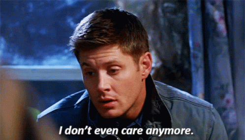 A Man In A Blue Jacket Is Saying I Don T Even Care Anymore . GIF
