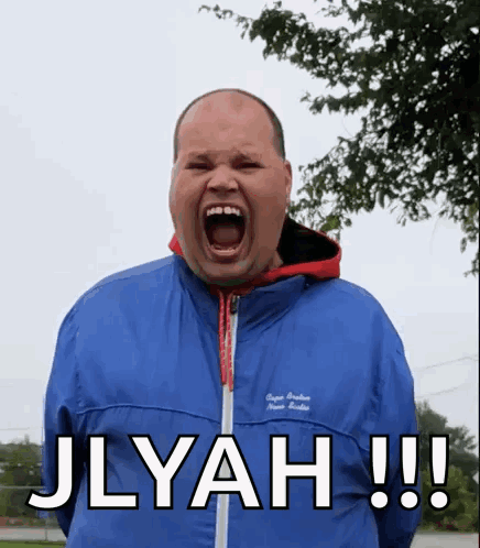 A Man In A Blue Jacket Is Screaming With The Words Jlyah !!! Written Below Him . GIF