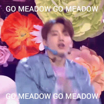 A Man In A Blue Jacket Is Standing In Front Of Flowers With The Words Go Meadow Go Meadow GIF
