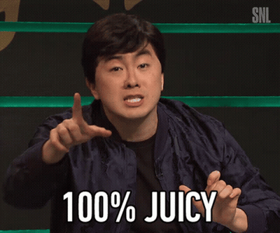 A Man In A Blue Jacket Says 100 % Juicy In Front Of A Snl Logo GIF