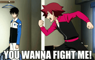A Man In A Blue Jacket Stands Next To A Man In A Red Jacket Who Says You Wanna Fight Me GIF