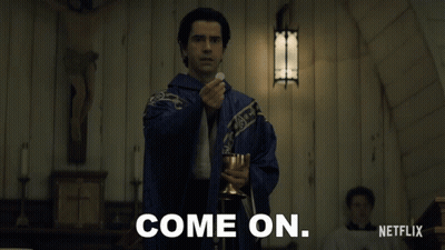A Man In A Blue Robe Is Holding A Chalice And Says Come On Netflix GIF