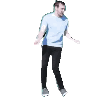 A Man In A Blue Shirt And Black Pants Is Dancing In Front Of A White Background Sticker