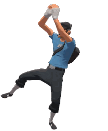 A Man In A Blue Shirt And Black Pants Is Jumping In The Air With His Arms Outstretched Sticker