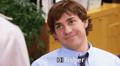 A Man In A Blue Shirt And Tie Is Smiling And Talking To Another Man In An Office . GIF
