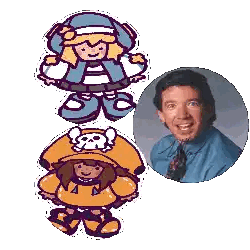 A Man In A Blue Shirt And Tie Is Smiling In Front Of A Cartoon Character Sticker