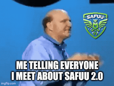 A Man In A Blue Shirt And Tie Is Talking To Someone With The Words Me Telling Everyone I Meet About Safuu 2.0 GIF