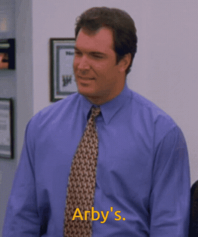 A Man In A Blue Shirt And Tie Says Arby 'S In Yellow GIF