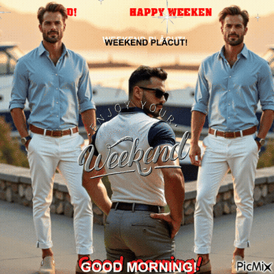 A Man In A Blue Shirt And White Pants Stands In Front Of A Sign That Says Happy Weeken GIF