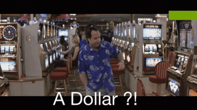 A Man In A Blue Shirt Is Dancing In A Casino With The Words " A Dollar ? " Below Him GIF