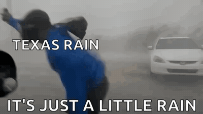 A Man In A Blue Shirt Is Dancing In The Rain With The Words Texas Rain It 'S Just A Little Rain GIF