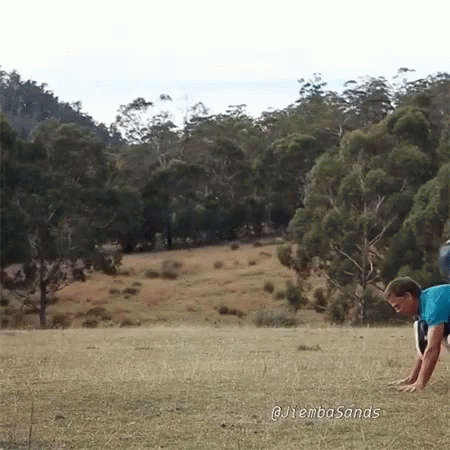 Man In Blue Shirt Doing Push Ups In Field GIF