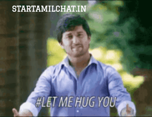 A Man In A Blue Shirt Is Giving A Hug And Says Let Me Hug You GIF