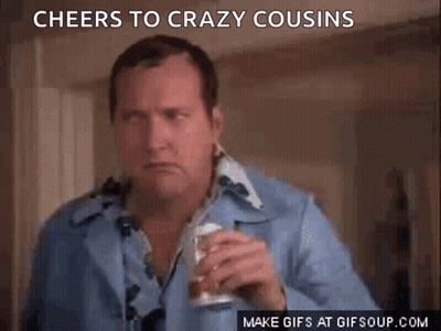 A Man In A Blue Shirt Is Holding A Can Of Beer And Says Cheers To Crazy Cousins On The Bottom GIF