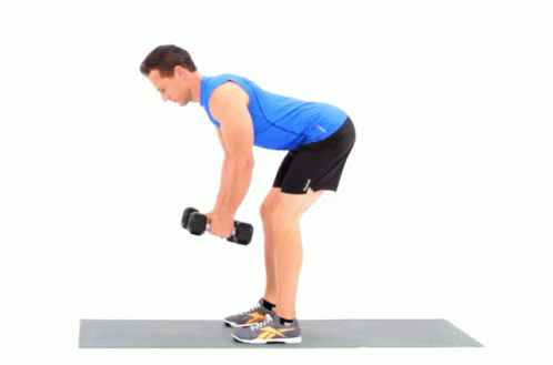 A Man In A Blue Shirt Is Holding A Pair Of Dumbbells In His Hands GIF