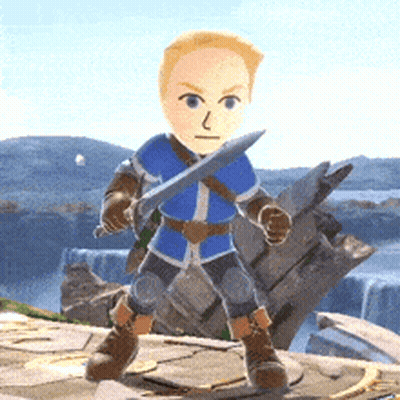 a man in a blue shirt is holding a sword in a video game
