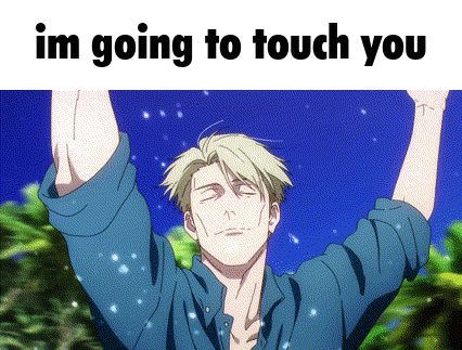 A Man In A Blue Shirt Is Holding His Arms Up In The Air With The Words `` Im Going To Touch You '' . GIF