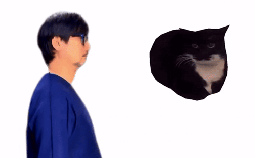 A Man In A Blue Shirt Is Looking At A Black Cat On A White Background GIF