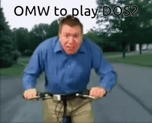 A Man In A Blue Shirt Is Riding A Bike With The Words Omw To Play Dos2 Below Him GIF