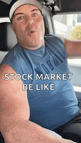 A Man In A Blue Shirt Is Sitting In A Car With The Words Stock Market Be Like On The Screen . GIF
