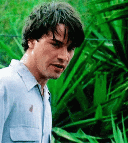 A Man In A Blue Shirt Is Standing In Front Of A Green Bush . GIF