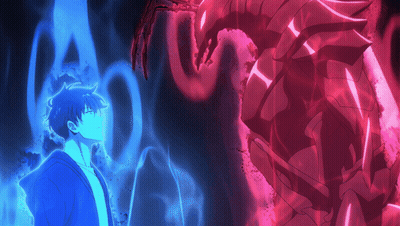 A Man In A Blue Shirt Is Standing In Front Of A Red Dragon GIF
