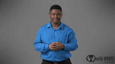 A Man In A Blue Shirt Is Standing In Front Of A Sign That Says " With Words " GIF