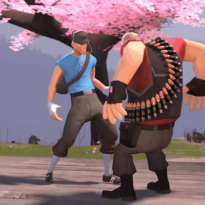A Man In A Blue Shirt Is Standing Next To A Man With A Bullet Belt On His Back GIF