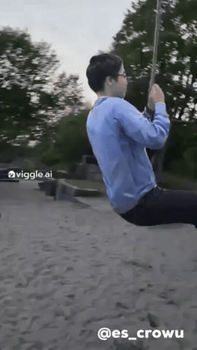 A Man In A Blue Shirt Is Swinging On A Rope With The Hashtag @Es_crowu Below Him GIF