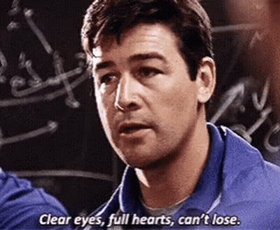 A Man In A Blue Shirt Is Talking About Clear Eyes Full Hearts Can 'T Lose . GIF