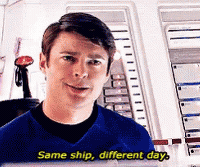 A Man In A Blue Shirt Is Talking About The Same Ship Different Day . GIF