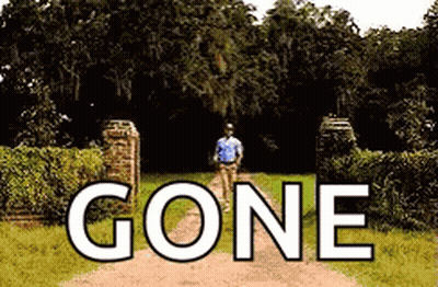 A Man In A Blue Shirt Is Walking Down A Dirt Road With The Word Gone Above Him GIF