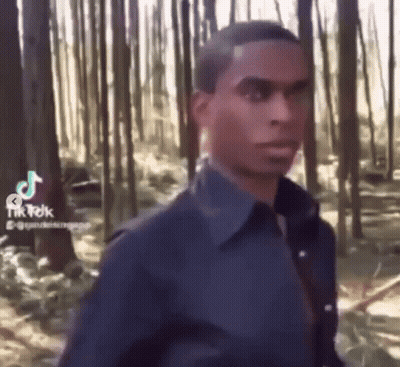A Man In A Blue Shirt Is Walking Through A Forest . GIF