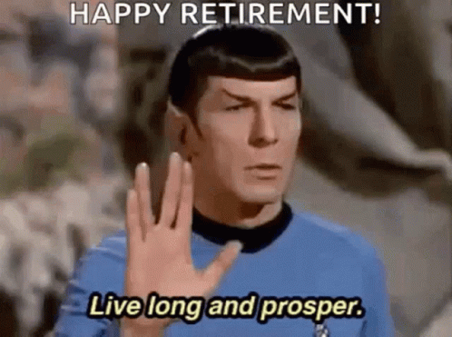 A Man In A Blue Shirt Is Waving His Hand And Saying Happy Retirement ! Live Long And Prosper . GIF