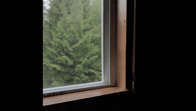 A Man In A Blue Shirt Looks Out A Window With Trees Behind Him GIF