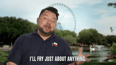 A Man In A Blue Shirt Says " I 'Ll Fry Just About Anything " GIF