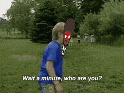A Man In A Blue Shirt Says Wait A Minute Who Are You In A Park GIF