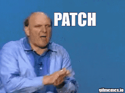 A Man In A Blue Shirt Stands In Front Of A Blue Background With Patch Patch Written In White Letters GIF
