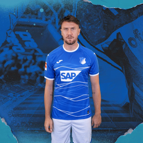 A Man In A Blue Shirt That Says Sap On It GIF