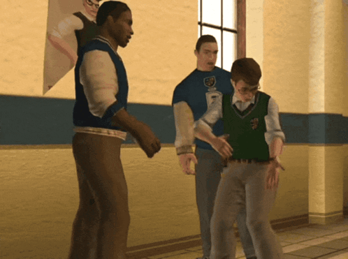 A Man In A Blue Shirt With A Shield On It Stands Next To Two Other Men GIF