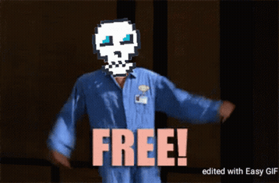 A Man In A Blue Shirt With A Skull On His Head And The Words Free GIF