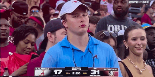 A Man In A Blue Shirt With The Letter A On It Watches A Game GIF